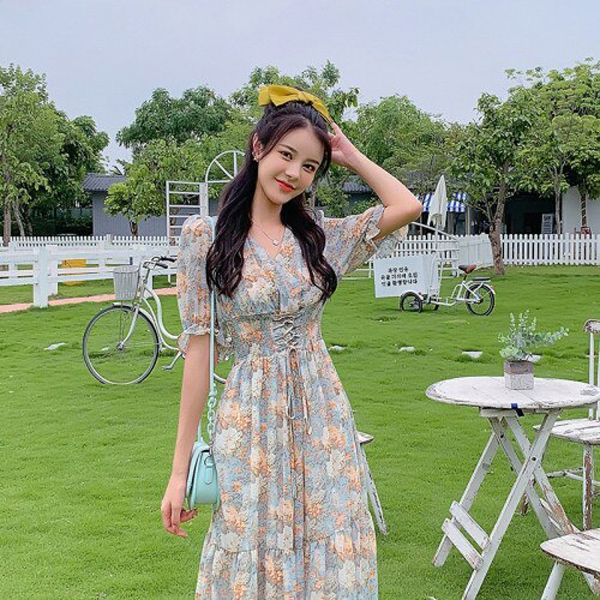 Women Long Vintage Chiffon Floral Dress Summer 2020 Runway Elegant Korean Party Dress Fairy Boho Retro Casual Vacation Dresses