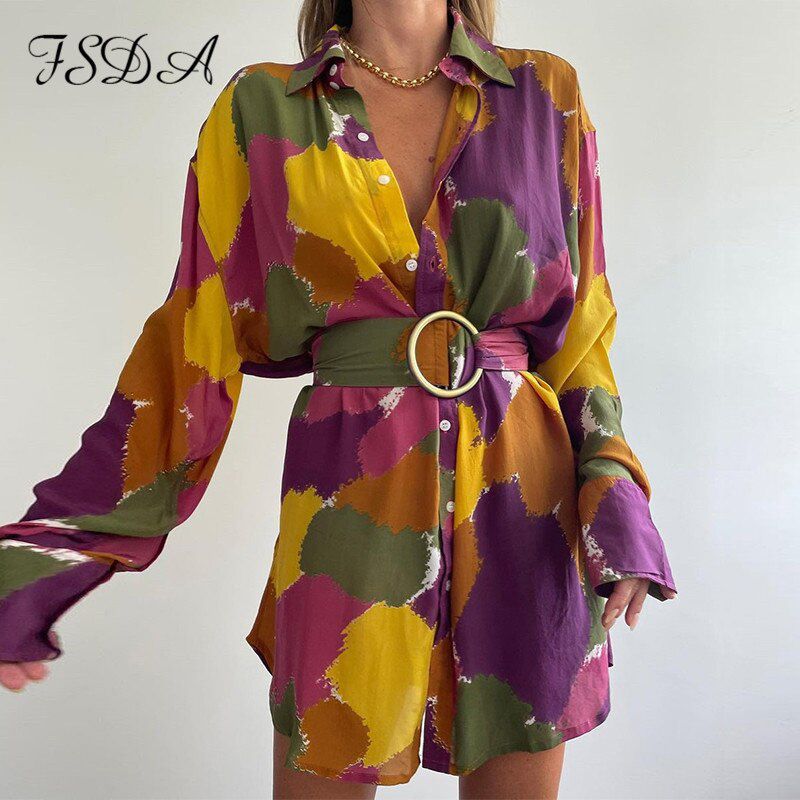 Floral Print Long Sleeve Dress Women A Line With Belt Beach Summer Spring V Neck Casual Mini Dresses Holiday