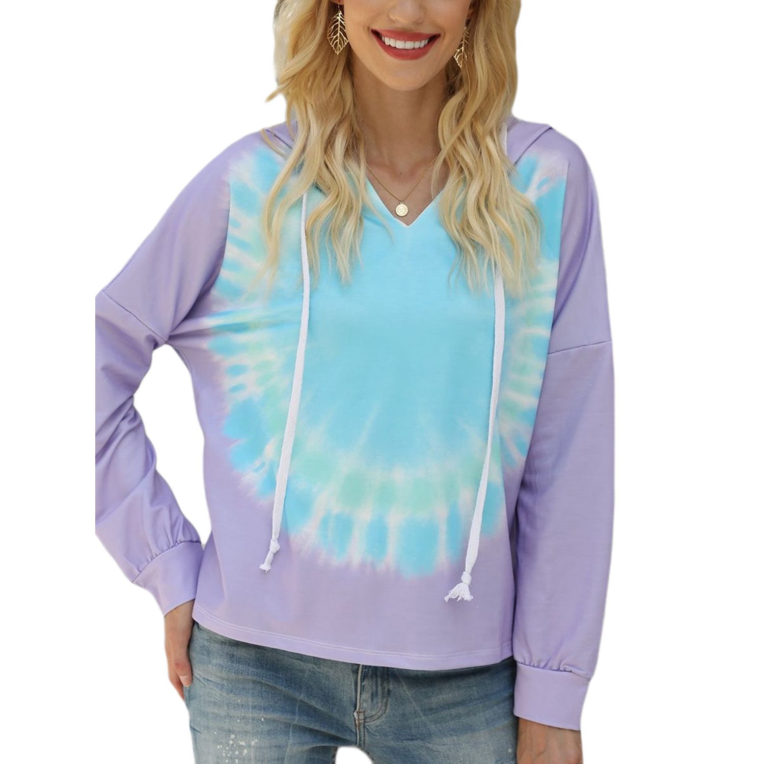 Female Hoody, Tie-Dye Print Long Sleeve Hooded Top Women’ s Loose T-Shirt, S/M/L/XL/XXL