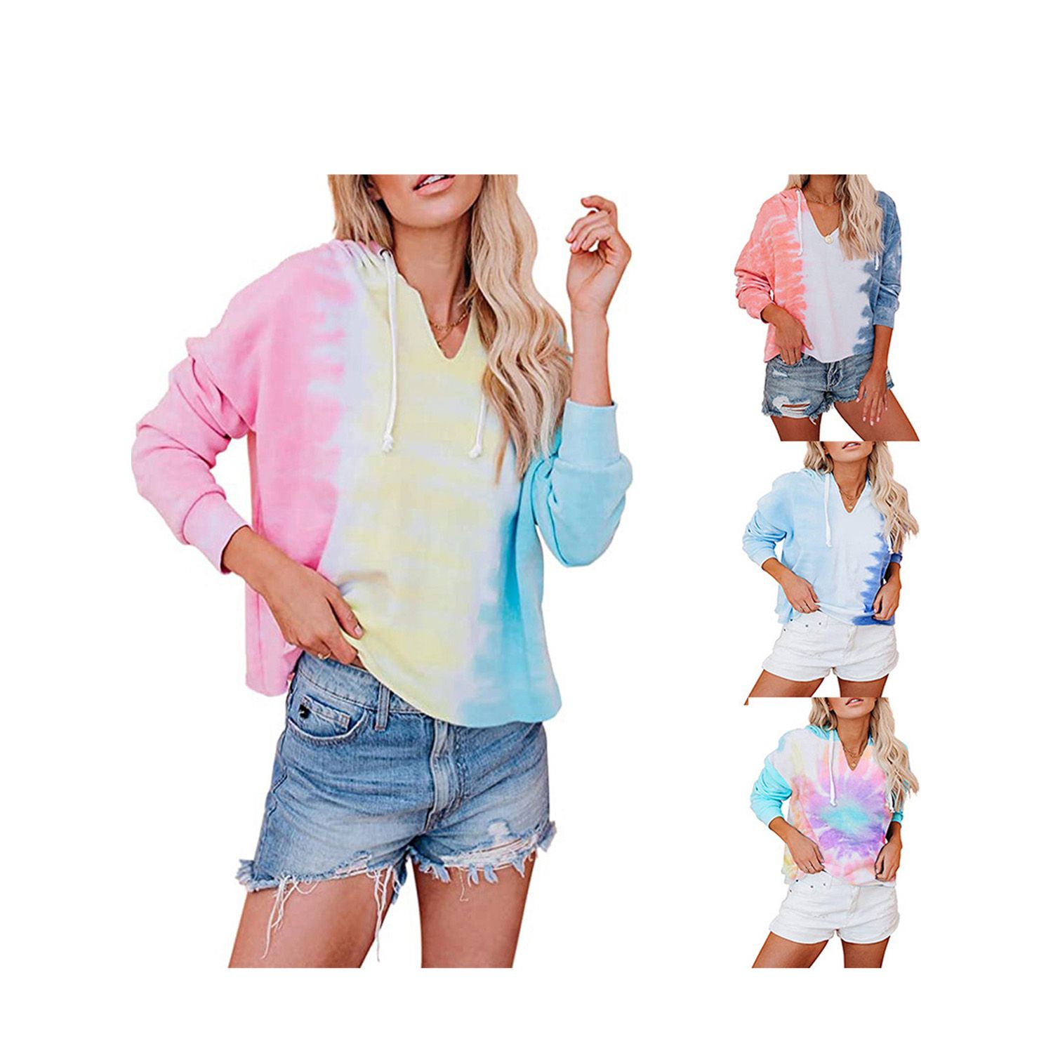 2021 Women Color Block Hoodies Outfits, Lightweight V Neck Long Sleeve Casual Hooded Sweatshirts