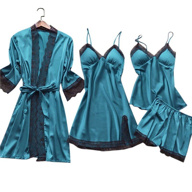 Female Pajamas Set Satin Sleepwear Silk 4 Pieces Nightwear Pyjama Women Spaghetti Strap Lace Sleep Lounge Pijama With ChPad