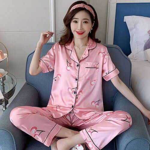 Summer Womens Pajamas Set y Silk Satin Turn-down Collar Nightgown Sleepwear Short Sleeve long Pant Plus Size 3XL 4XL 5XL