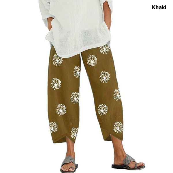 Vintage Harem Pants Women Casual Loose Printed Elastic Waist Cotton Linen Wide Leg Pants Summer Irregular Pantalon Cropped Pants