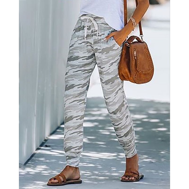 2021 Women Camouflage Print Trousers, Summer Loose Drawstring Pants with Side Pockets Casual Style Clothe