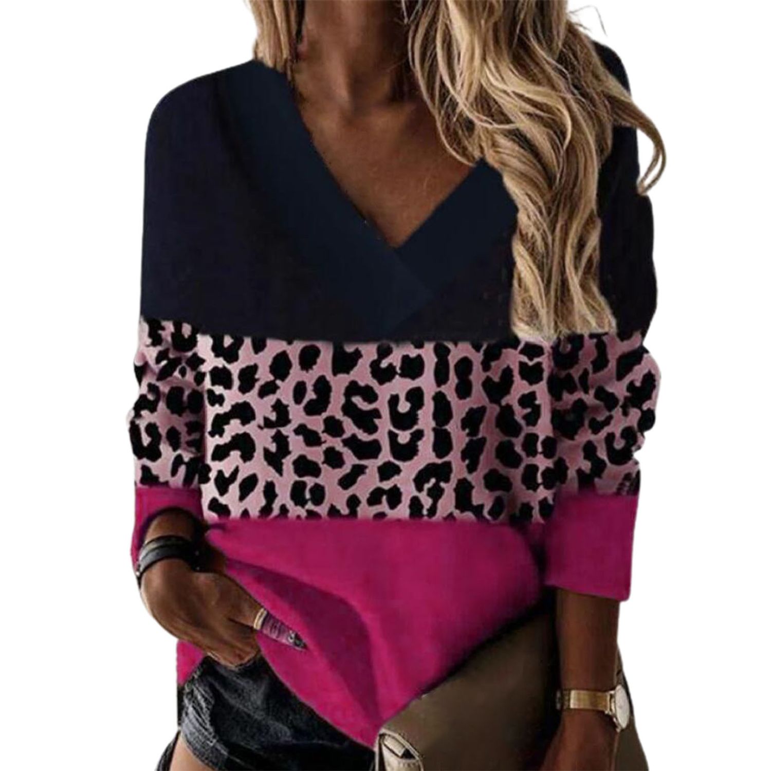 Women Pullover Leopard Contrast Color Loose-fitting Blouse