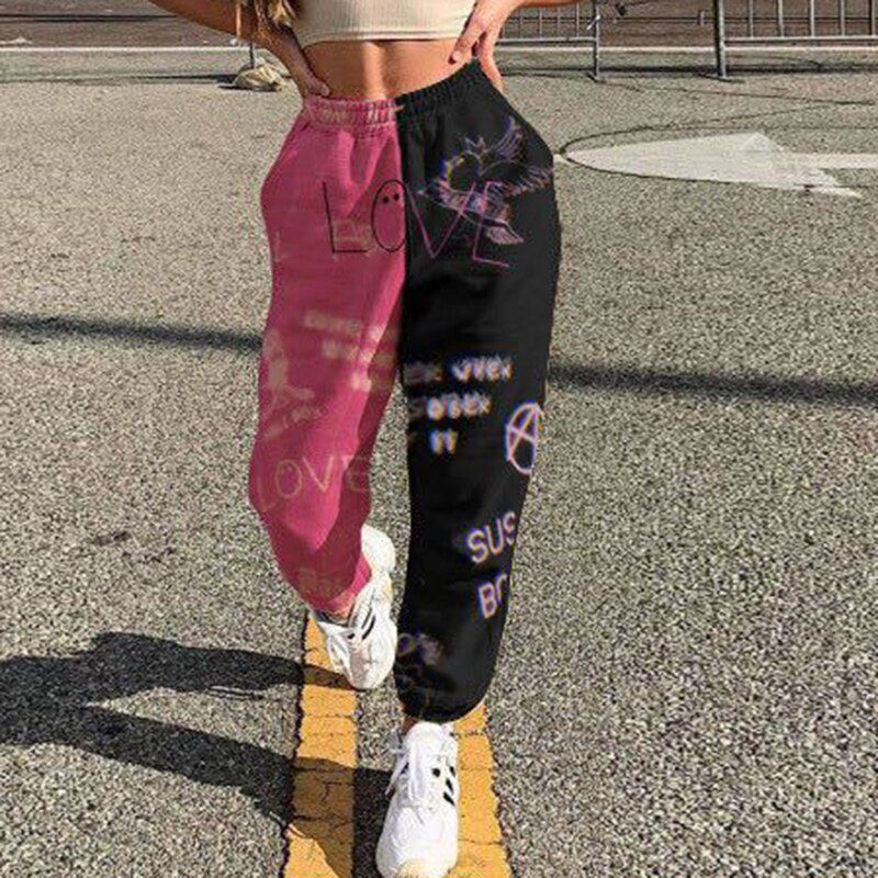 Women Casual Skull Print Patchwork Pants Autumn Elastic Waist Pocket Wide Leg Pants Female Streetwear Plus Size Warm Sweatpants