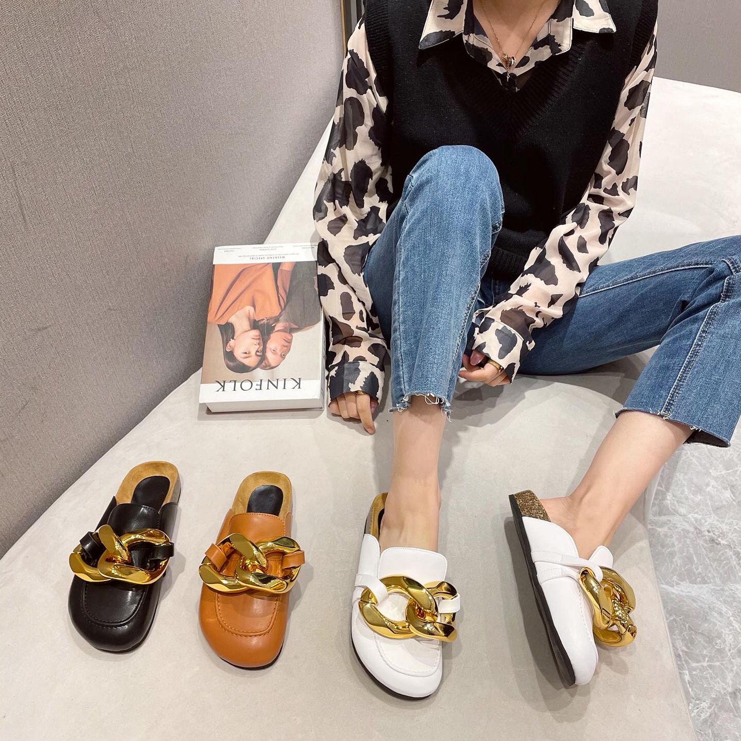 January 2021 Women Round Toe PU Trend Fashion Slippers Casual Chain Flat Slip-on