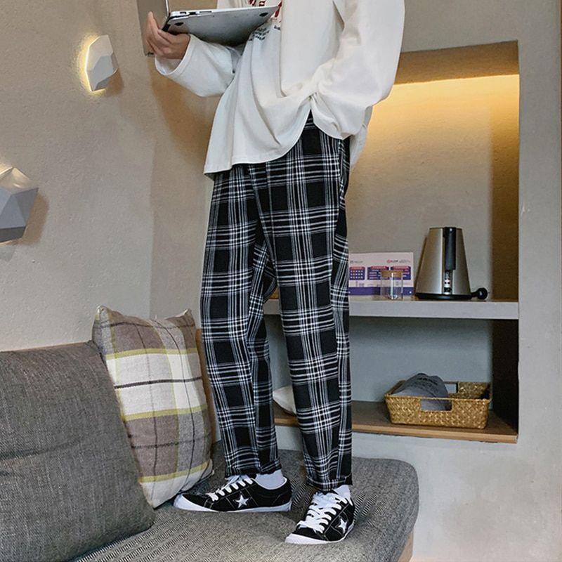 Streetwear Yellow Plaid Pants Men Joggers Man Casual Straight Harem Pants Men Korean Hip Hop Track Pants Plus Size