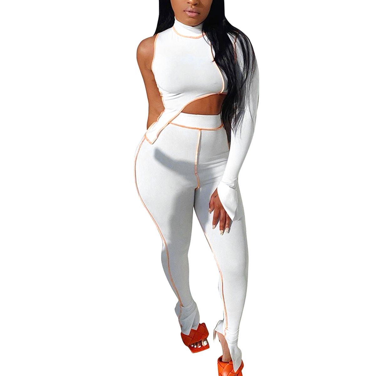 2021 Women Skinny Two-piece Clothes Set, Single Sleeve Round Collar Crop Top + Long Pants, XS/ S/ M/ L/ X
