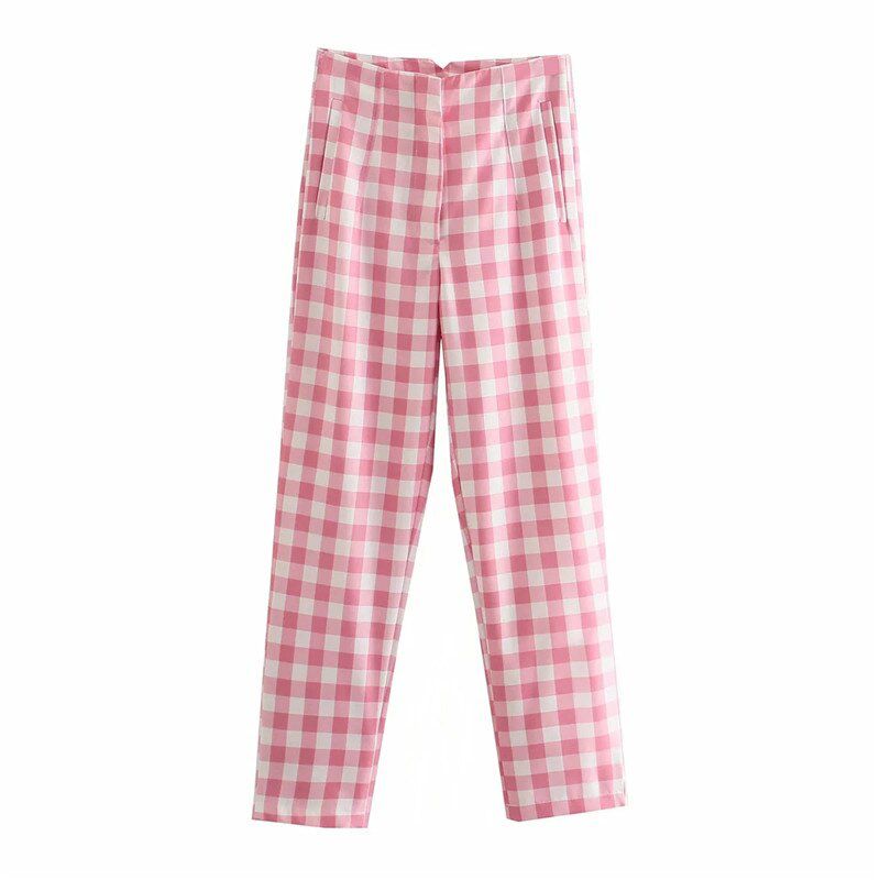 Merodi Office Lady Fashion Pink Plaid Suit Cotton Long Pants Women Summer Za High Waist Zipper Straight Chic Trousers