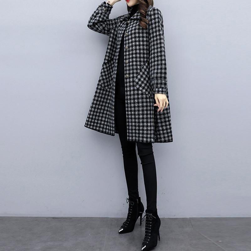 New Fashion Spring Autumn Outerwear Large size Women's Trench Coat Mid-Length Casaco Feminino Female Plaid Woolen Coat