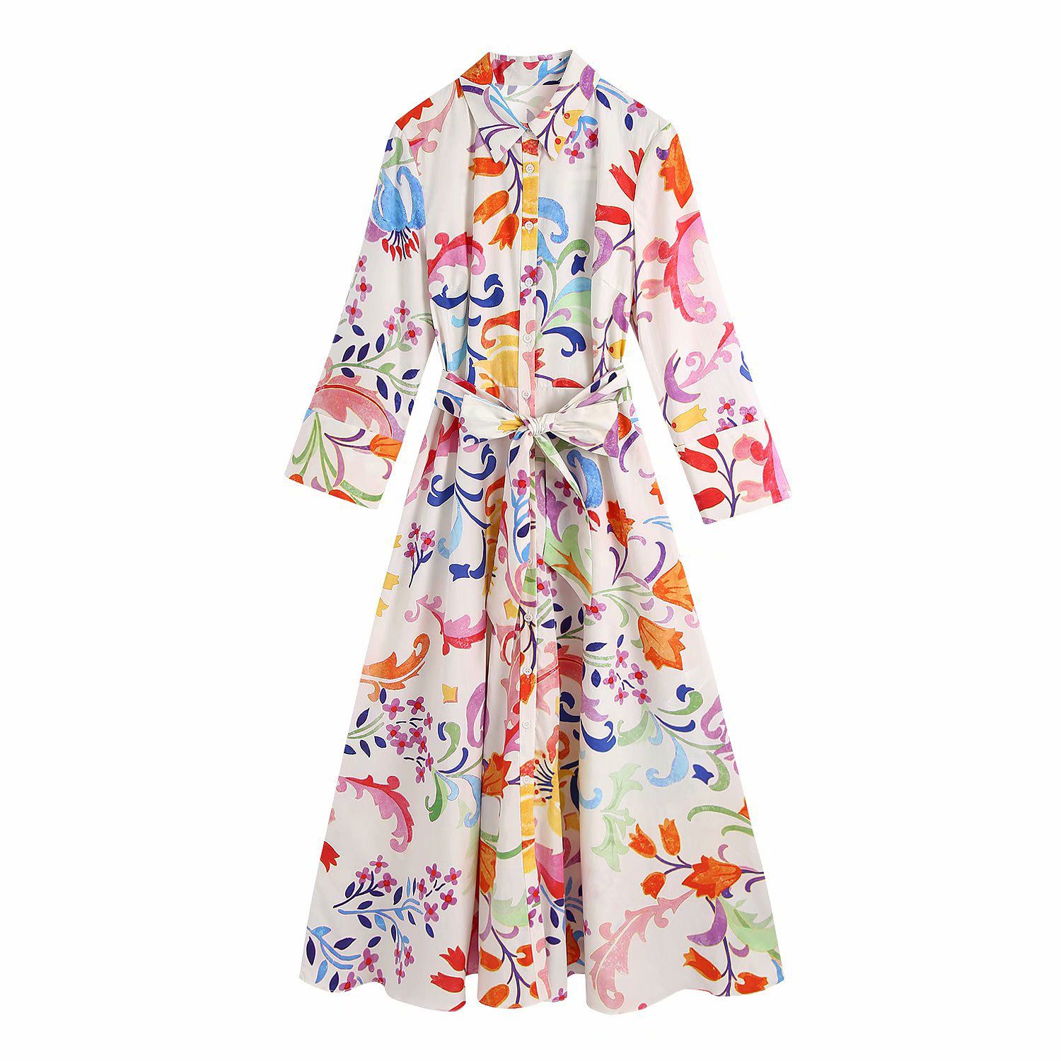Zevity Women Vintage Totem Floral Print Sashes Midi Shirt Dress Female Chic Three Quarter Sleeve Casual Slim Vestidos DS8361
