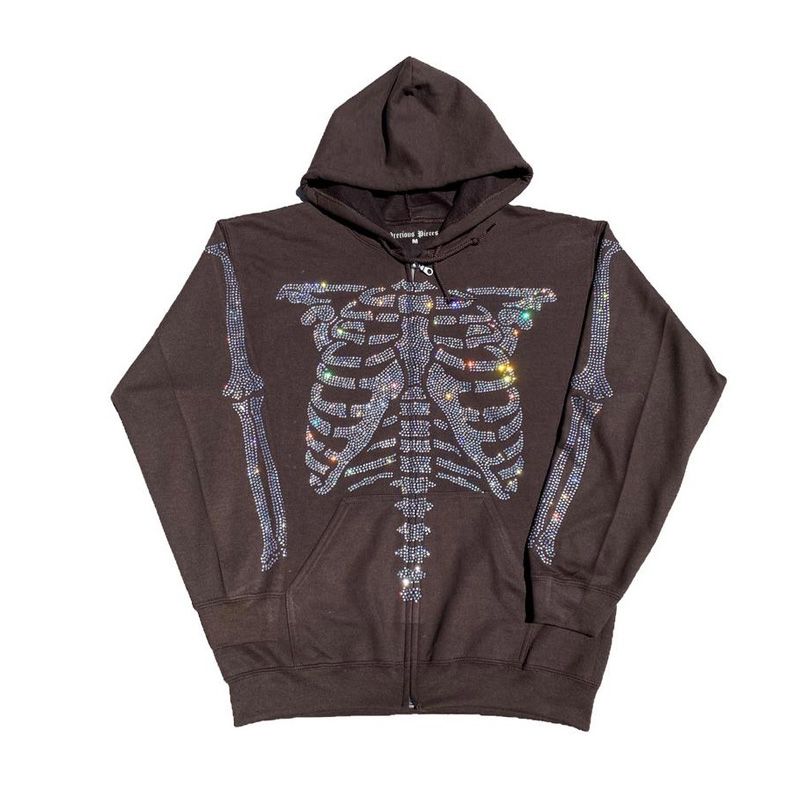 Women Loose Style Hooded Jacket, Letters Rhinestone Pattern Zipper Closure Coat, Black/ Brown/ Purple