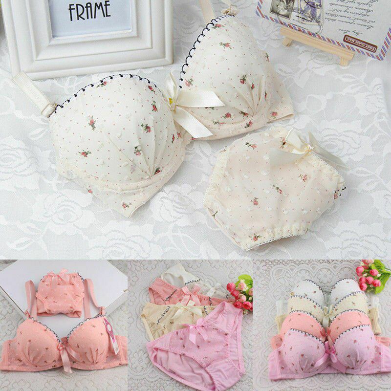 Women's Flower Bra Print Lace Lady Bra Brief Set Floral Push-up Bra Knickers Sets Underwear