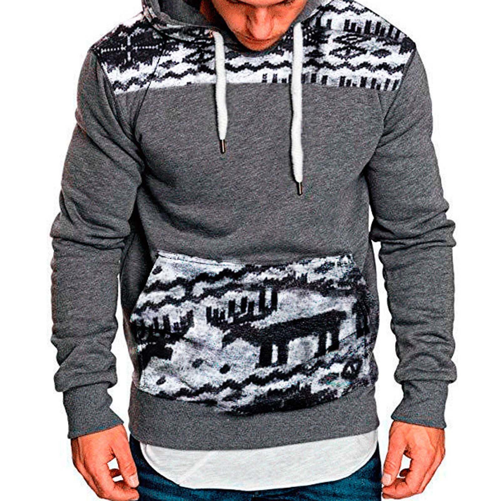 Pullover Hoodie Stretchy Elk Print Patchwork Pocket Sweatshirt