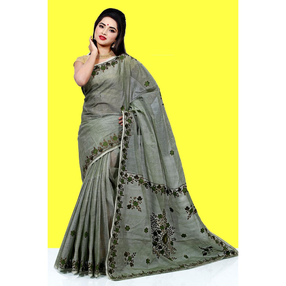 pure coton with hand embroidery saree for women.