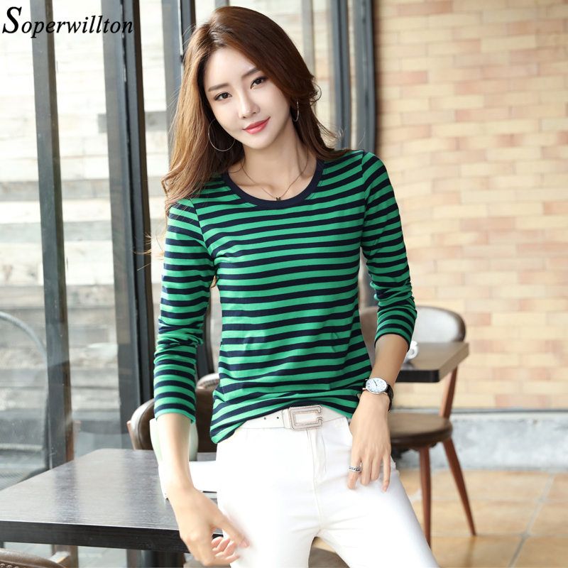 Long Sleeve T Shirt Female Women's Black White Striped Tshirt Cotton 2021 Spring Autumn Tee Shirt Lady Tops Basic Casual M09