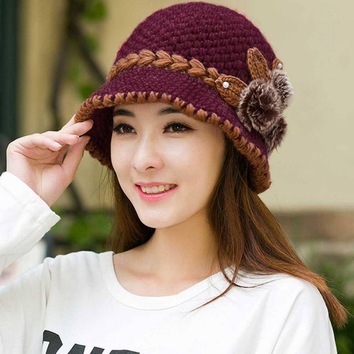 【ALLGOOD】Fashion Women Lady Winter Warm Crochet Knitted Flowers Decorated Ears Hat