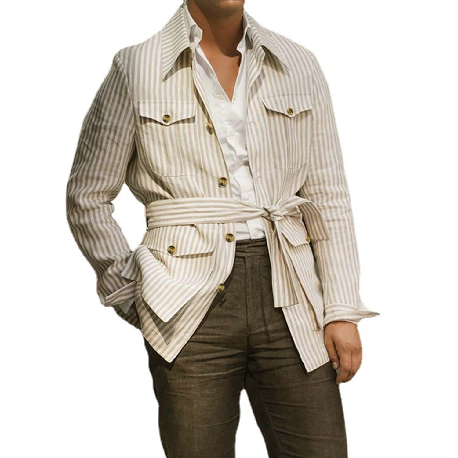 Men Coat Solid Color Stripe Autumn Shirt