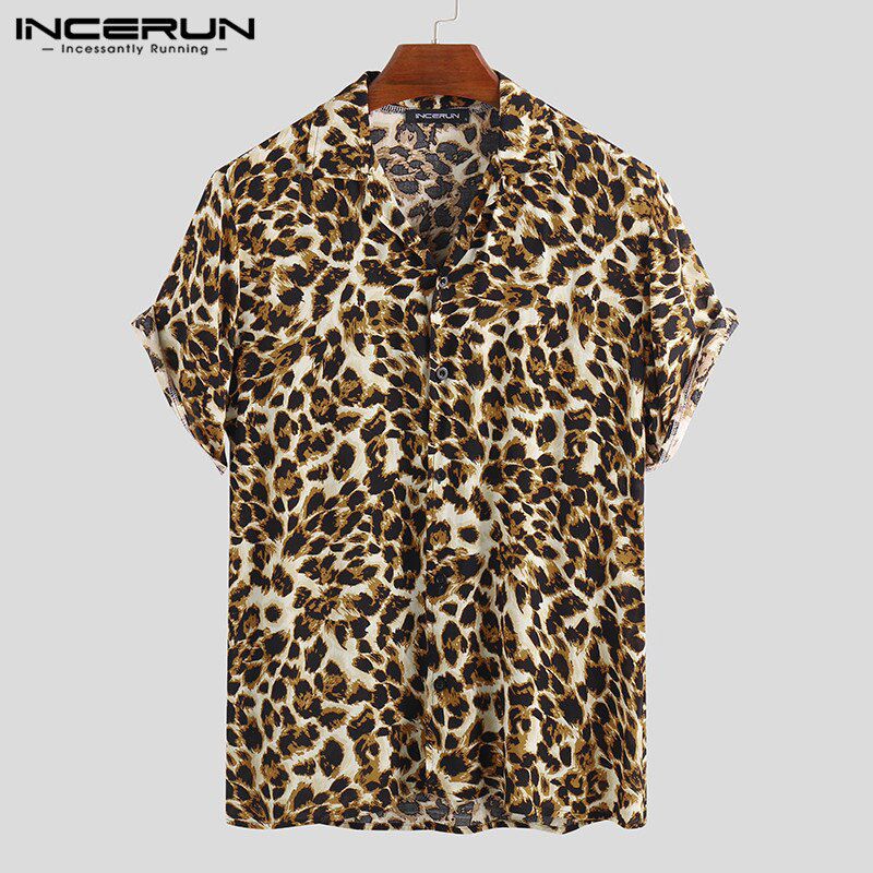 Summer Short Sleeve Leopard Print Shirt Men Lapel Neck Loose Button Up Blouse Breathable Streetwear  Shirts Men INCERUN 2021