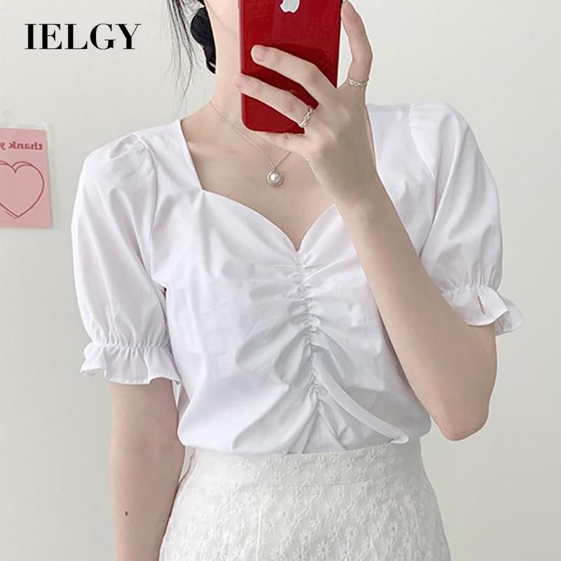 IELGY v-neck puff sleeve shirt women summer new short-sleeved all-match shirt