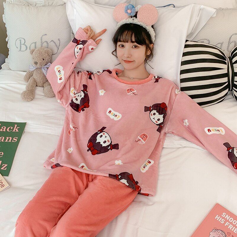 Warm Flannel Pyjama Set Women Winter Coral Fleece Long Sleeve Cartoon Sleepwear Suit Female Thick 2 Piece Home Pajamas Sets