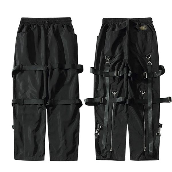 Hop Cargo Pants Streetwear Men Harajuku Rear Zipper Pants Buckle RibbonHop Joggers Harem Pantsckets Autumn Black