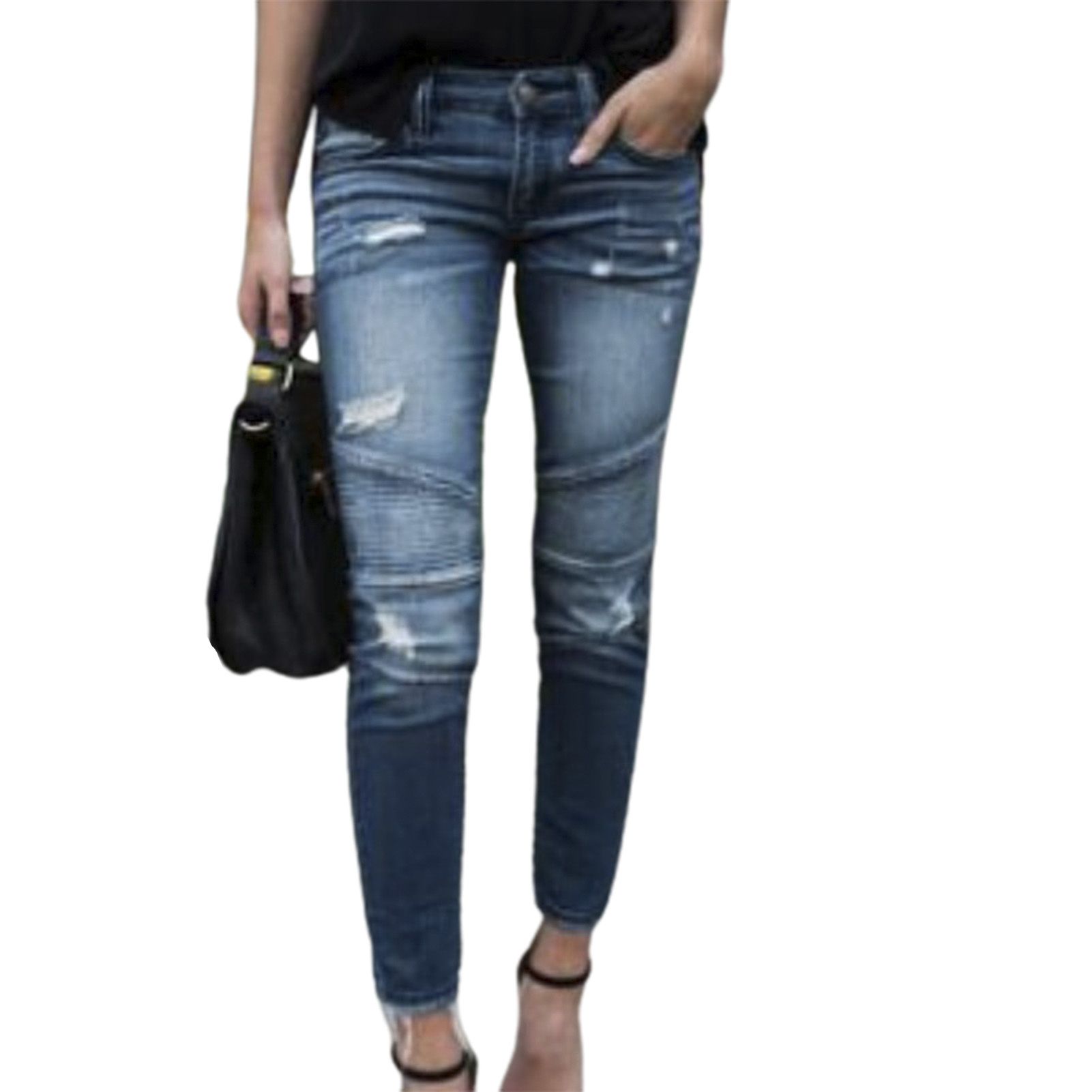 Lady Denim Pants Mid Waist Casual Jeans with Holes