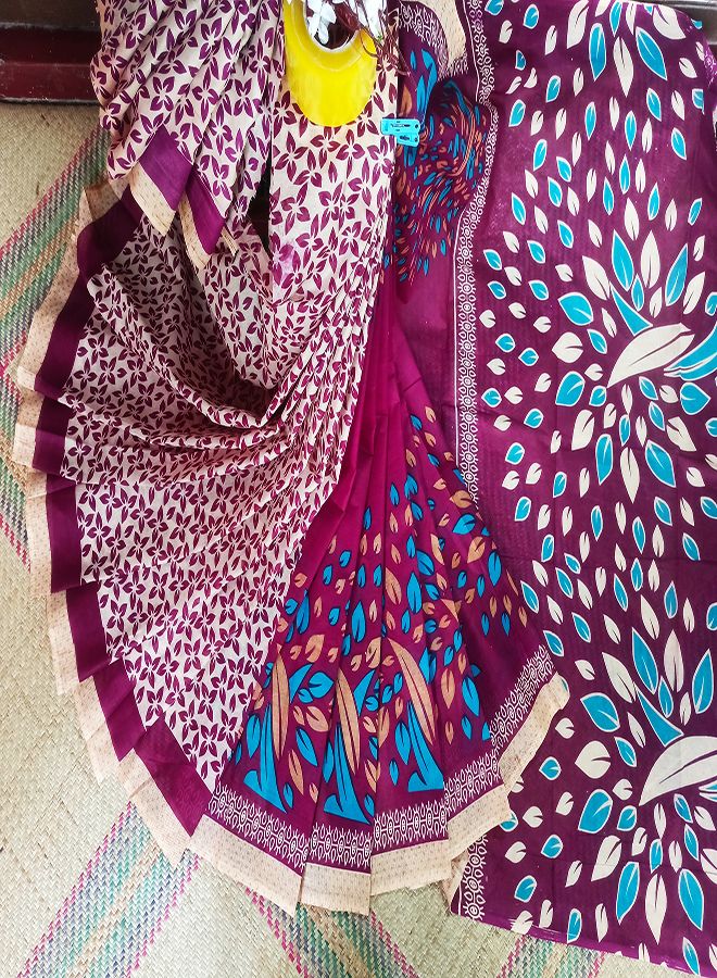 Djtal  Print Cotton Saree 12 Hand With Extra 2 Hand  Blouse Peach for Women (from Tangail)