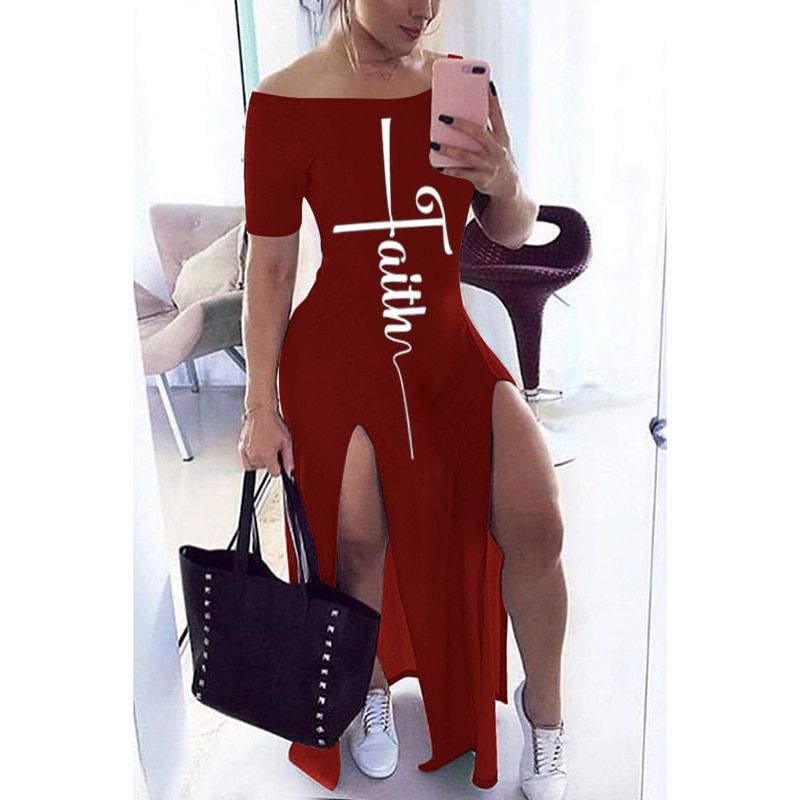 Letter Pattern Off Shoulder Split Maxi Dress Women Fall Winter 2020 Short Sleeve Sheath Casual Fashion  Club Long Dresses