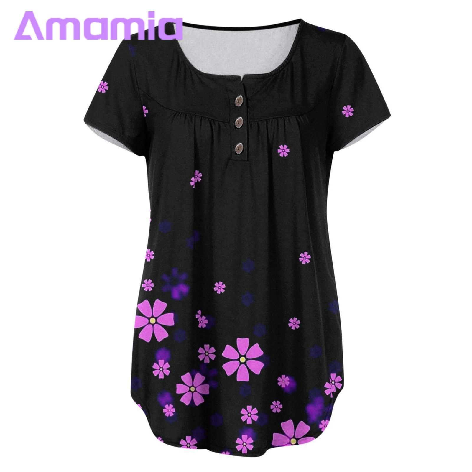 Amamia Fashion Blouse Short Sleeve Flower Printing Scoop Neck Loose Top