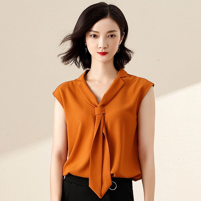 Chiffon Blouse Sleeveless V-neck Suit Bow Tie Solid Color Casual Loose Fashion Wild Summer Women's C