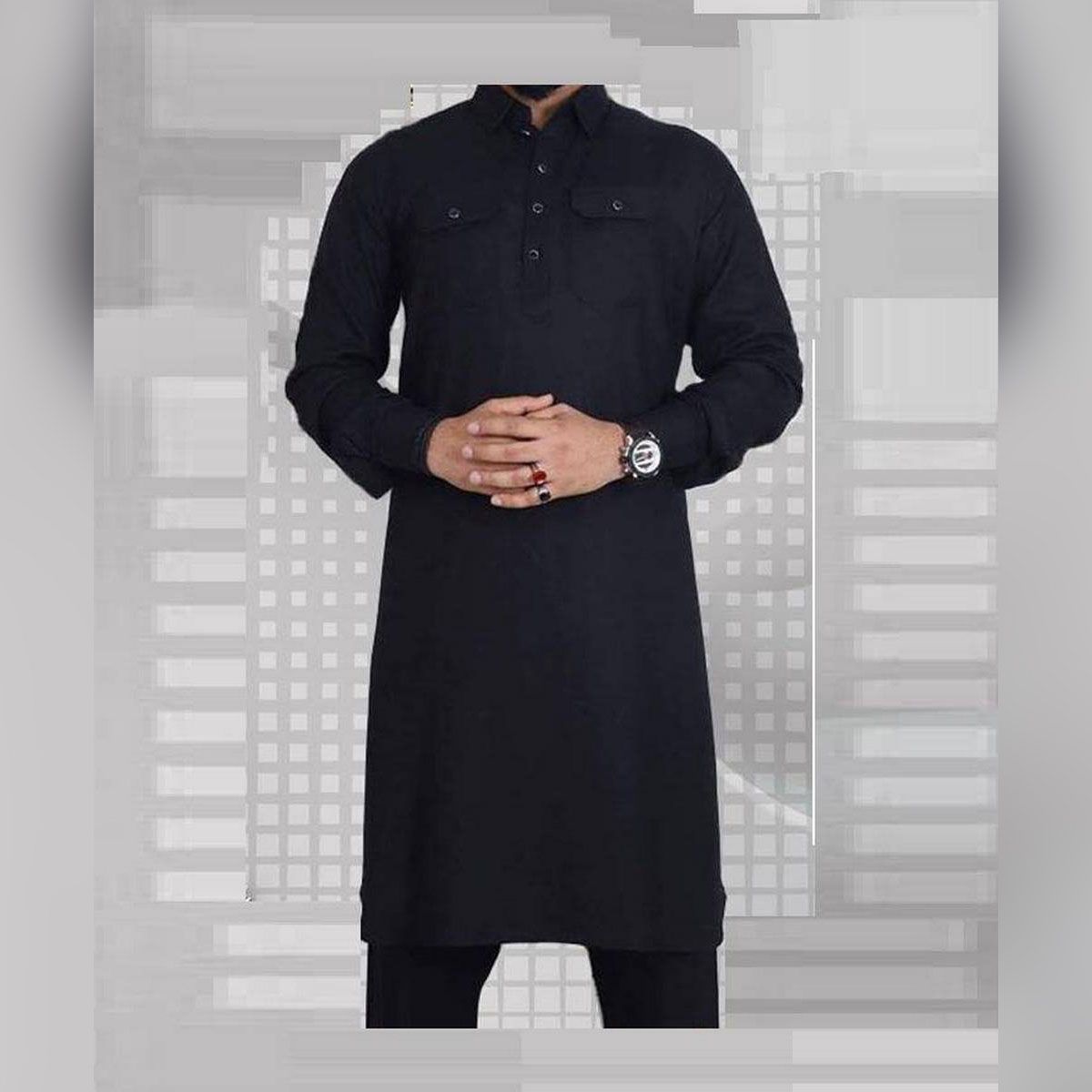 Stylish Black Trendy Cotton Kabli Suit Set for Men