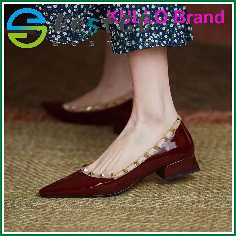 women fashion leather pointed toe shallow mouth rivet low heel block heel pump shoes