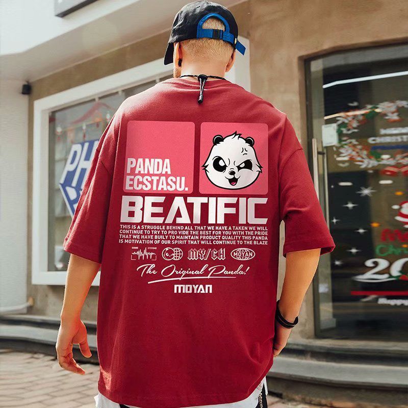 V-hanver 2021 Summer Fashion Oversize Short Sleeved Men Cotton T-Shirt Loose Funny Panda Anime Print Fat Plus Size Mens T Shirt
