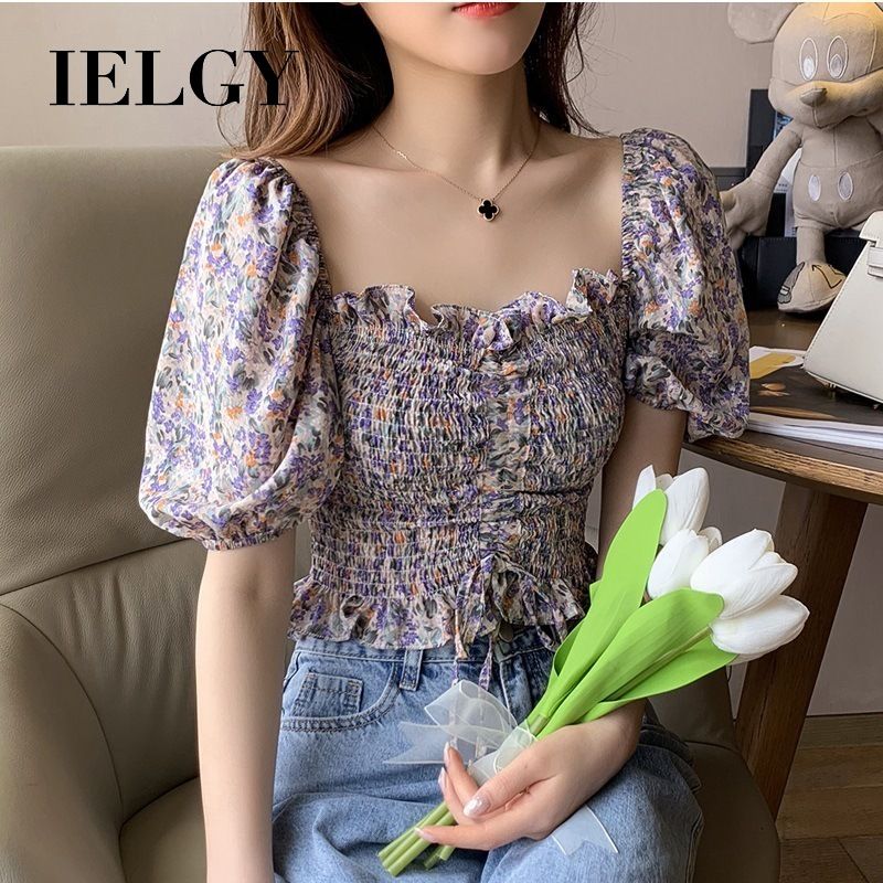IELGY Floral Chiffon Shirt Women's Summer Short Sleeve Square Neck Retro Clavicle Sleeve Design Top