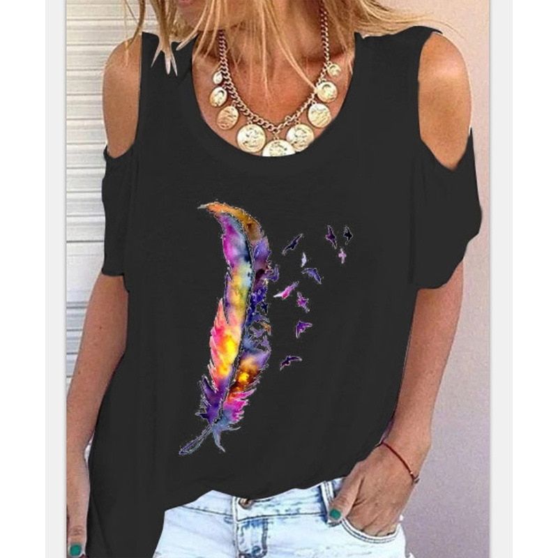 Summer European and American New Round Neck Off Shoulder Tops Retro Printed T-shirt Loose Casual Shirt Feather Pattern Pullover