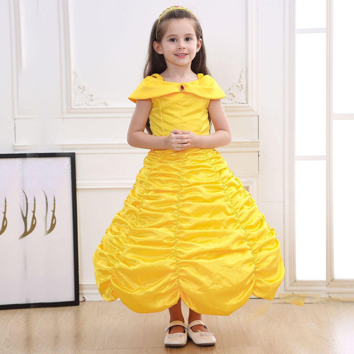Disney Princess Belle Dress Girl Anime Cotton Short-sleeved Dress Princess Dress
