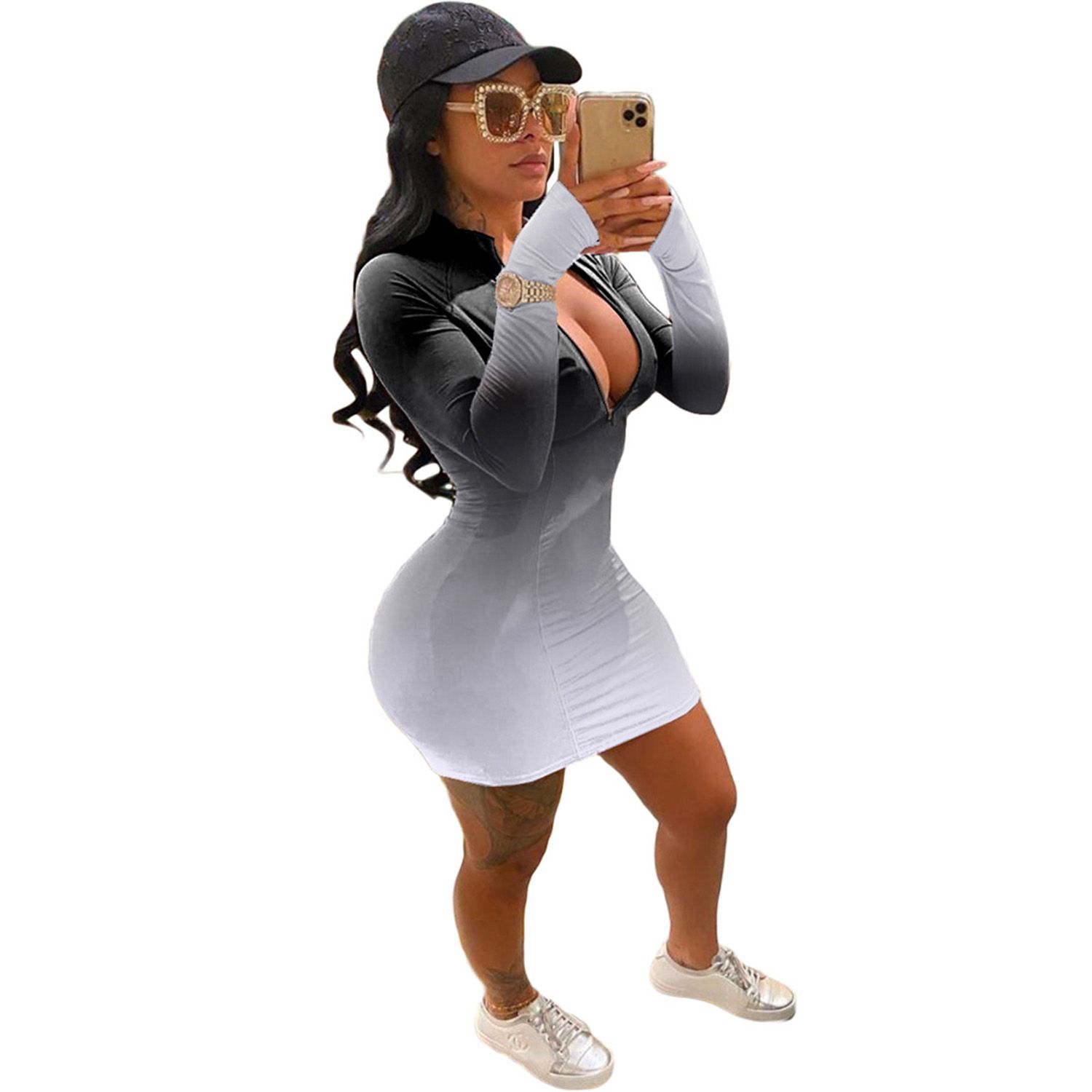 Women’s Casual Autumn Long-sleeved Dress Fashion Gradient Color Zipper V-neck Skinny Short Dress