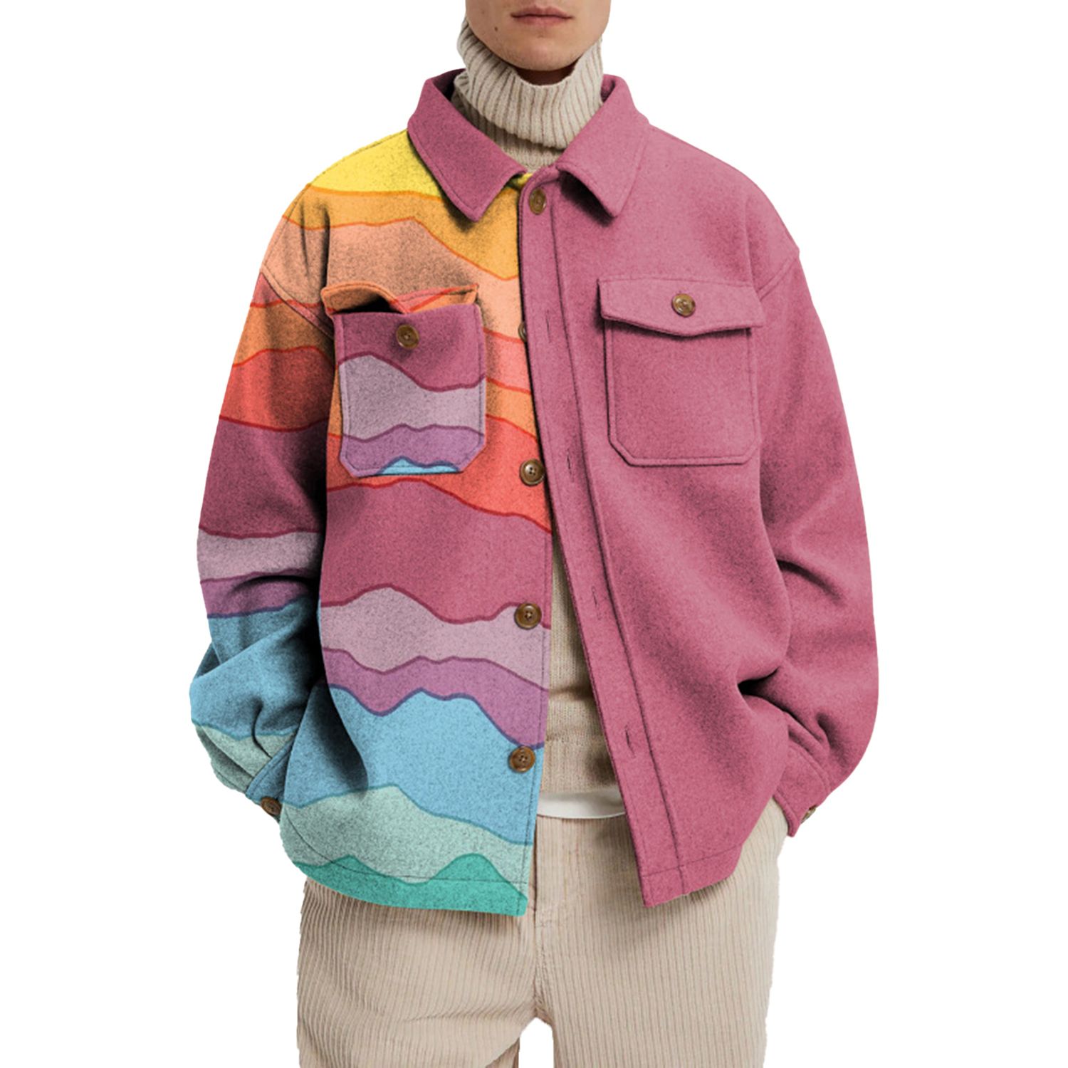 Buttoned Jacket Single-breasted Fashion Abstract Printed Male Loose Coats