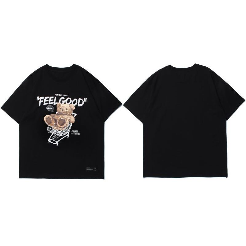 GONTHWID Short Sleeve Tees Harajuku Streetwear Toy Bear Shopping Cart Print T-Shirts Cotton Casual  Hop Loose Tshirts Tops