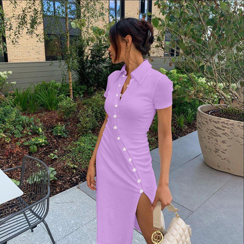 Short Sleeve Buttons Patchwork Slit Dress Autumn Winter Women Fashion Streetwear Outfits Party Elegant Wear