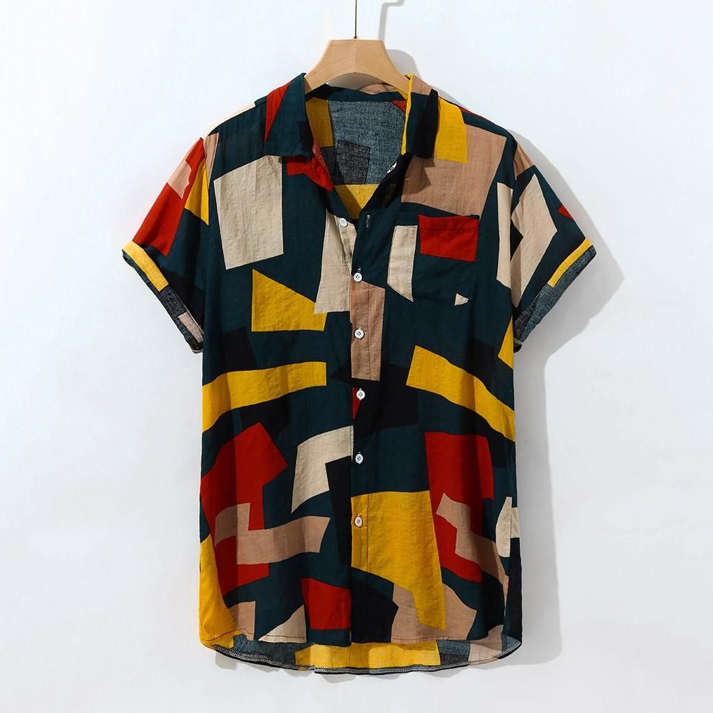 Fashion Mens Printed Hawaiian Loose Short Sleeve Casual Buttons T shirt
