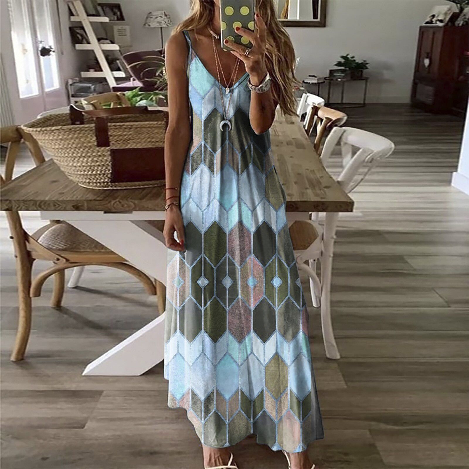 Women Dresses Ladies Sleeveless V-Neck Camisole A-Line Camisole Casual Printed Long Dress for Women Fashion Mujer Vestido