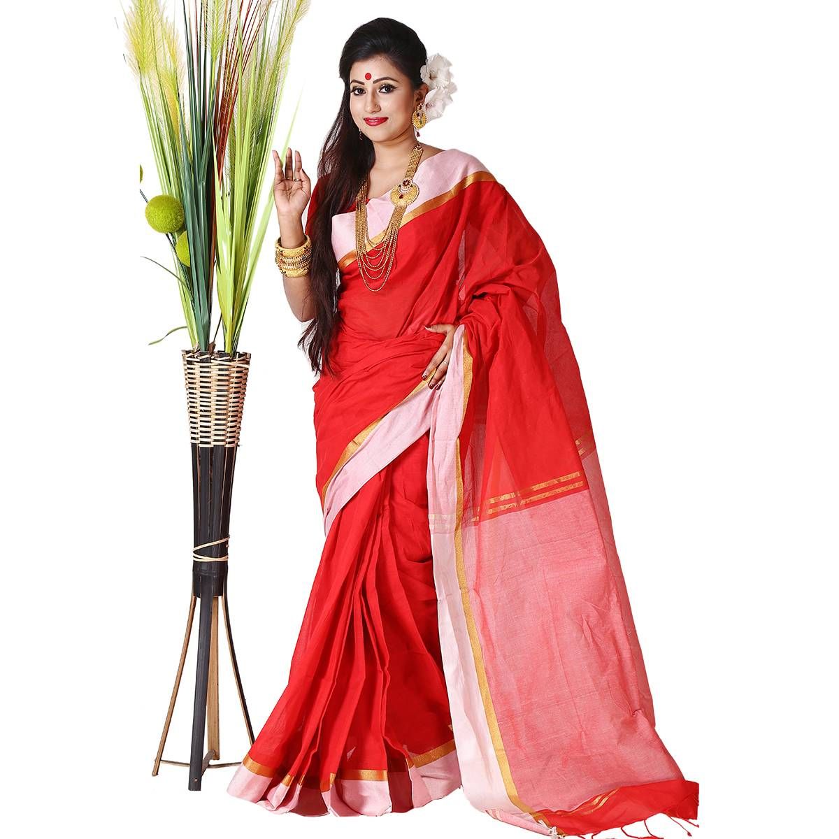 Deep orange& White Cotton Saree For Women (from Tangail)