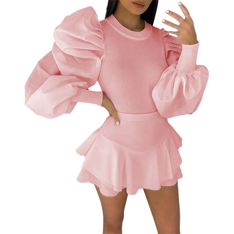 Women's Puff Sleeve Round Neck Knit Shirt Fashion Autumn and Winter Long Sleeve Solid Color Slim Top