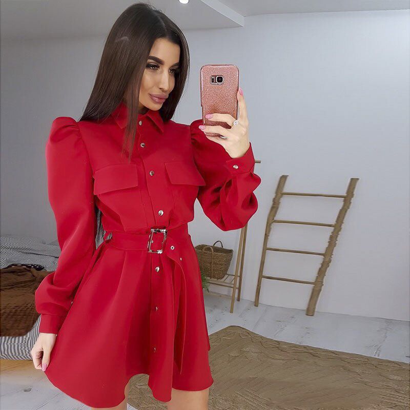 Puff Sleeve Belt Party Dress Female Turn Down Collar A Line Mini Dresses For Women High Waist Single ed