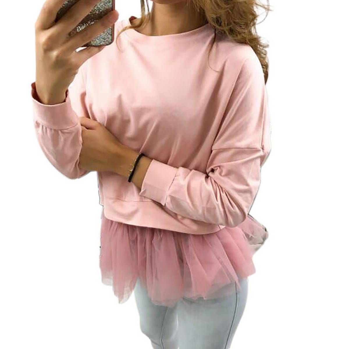 New Women Solid Color Mesh Spliced Hem Fairy Tops Babydoll Long Sleeve Shirts Blouse Tops