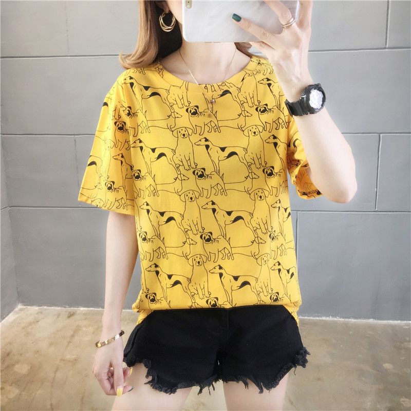 New Women Short Sleeve Dog Print T-shirt Fashion Animal Pattern Tops for Daily Casual Wear