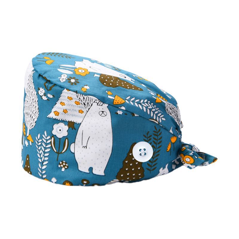 37 Colors Unisex Adjustable Working Scrub Cap with Protect Ears Button Electrocardiogram Embroidery Floral Print